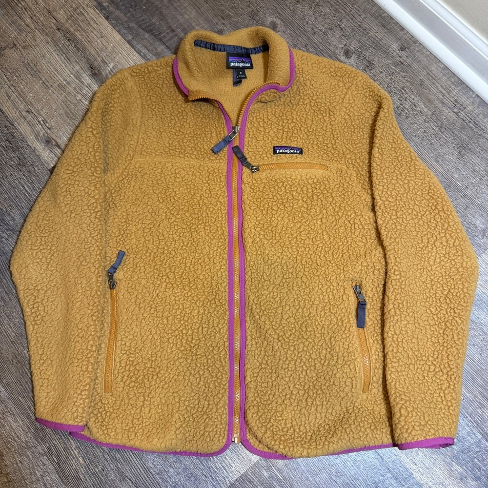 Patagonia Retro Pile Fleece Jacket Tan Brown Purple Trim Full Zip Womens Size M